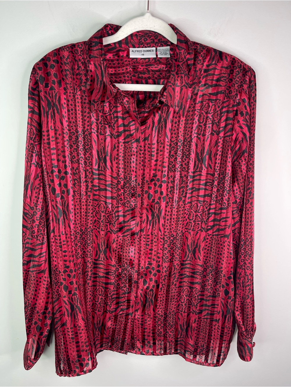 Alfred Dunner Red  and Black Mixed Animal Print Button-Down Sheer Shirt Size 16